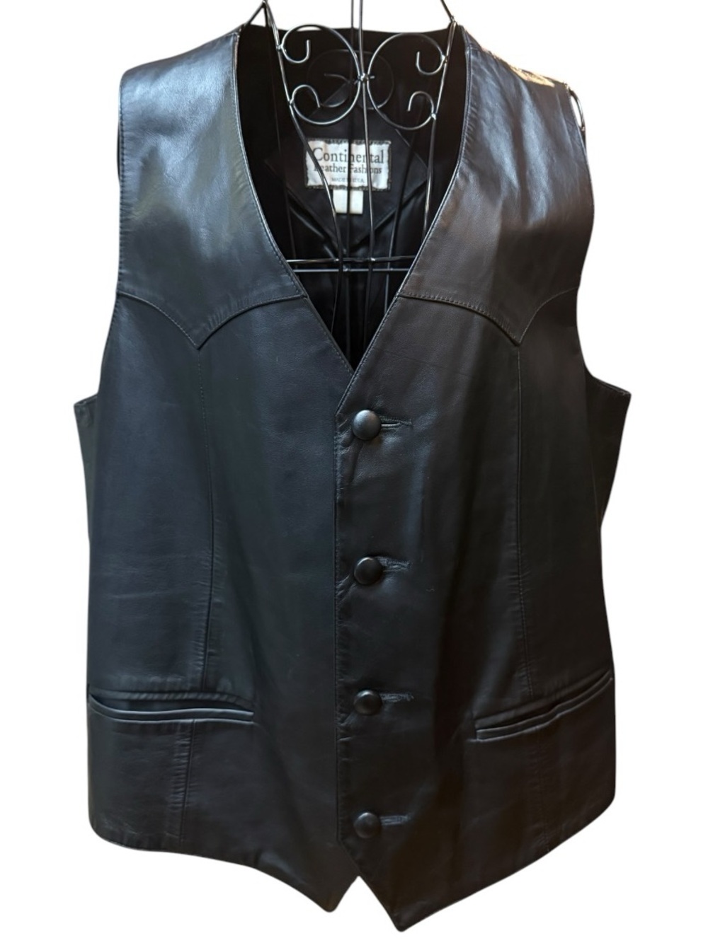 Vintage Genuine Leather Men’s Black Western Button-Front Vest Large